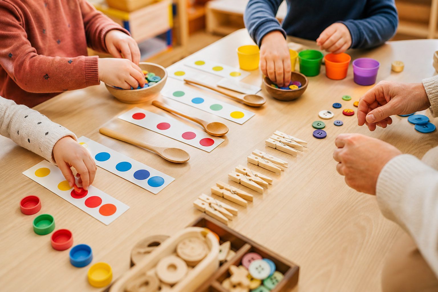 Une séance pratique de maths GS avec du matériel du quotidien