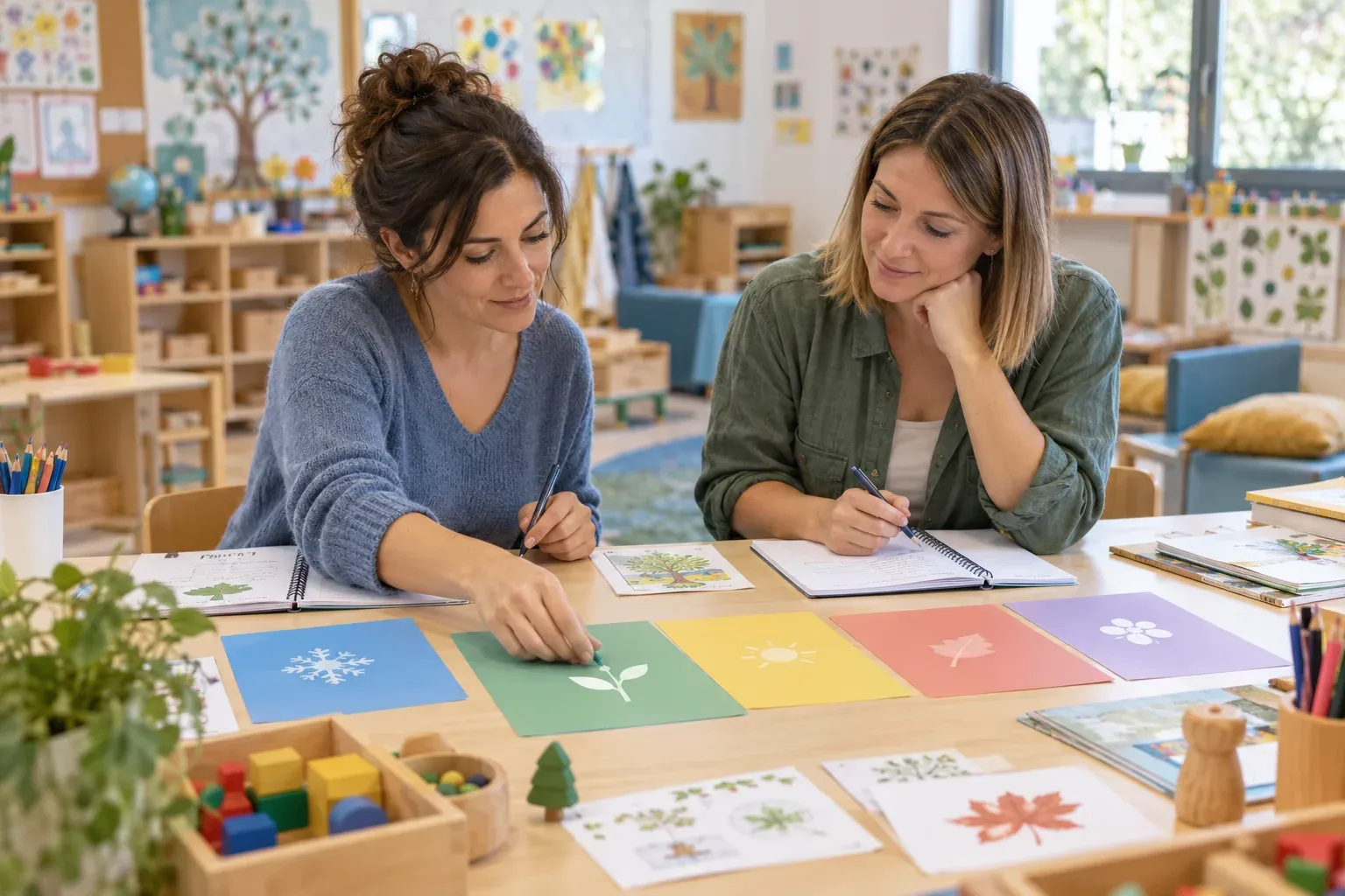 Enseignante et collègues autour d'une table avec un calendrier de cinq périodes pour préparer la programmation de maternelle